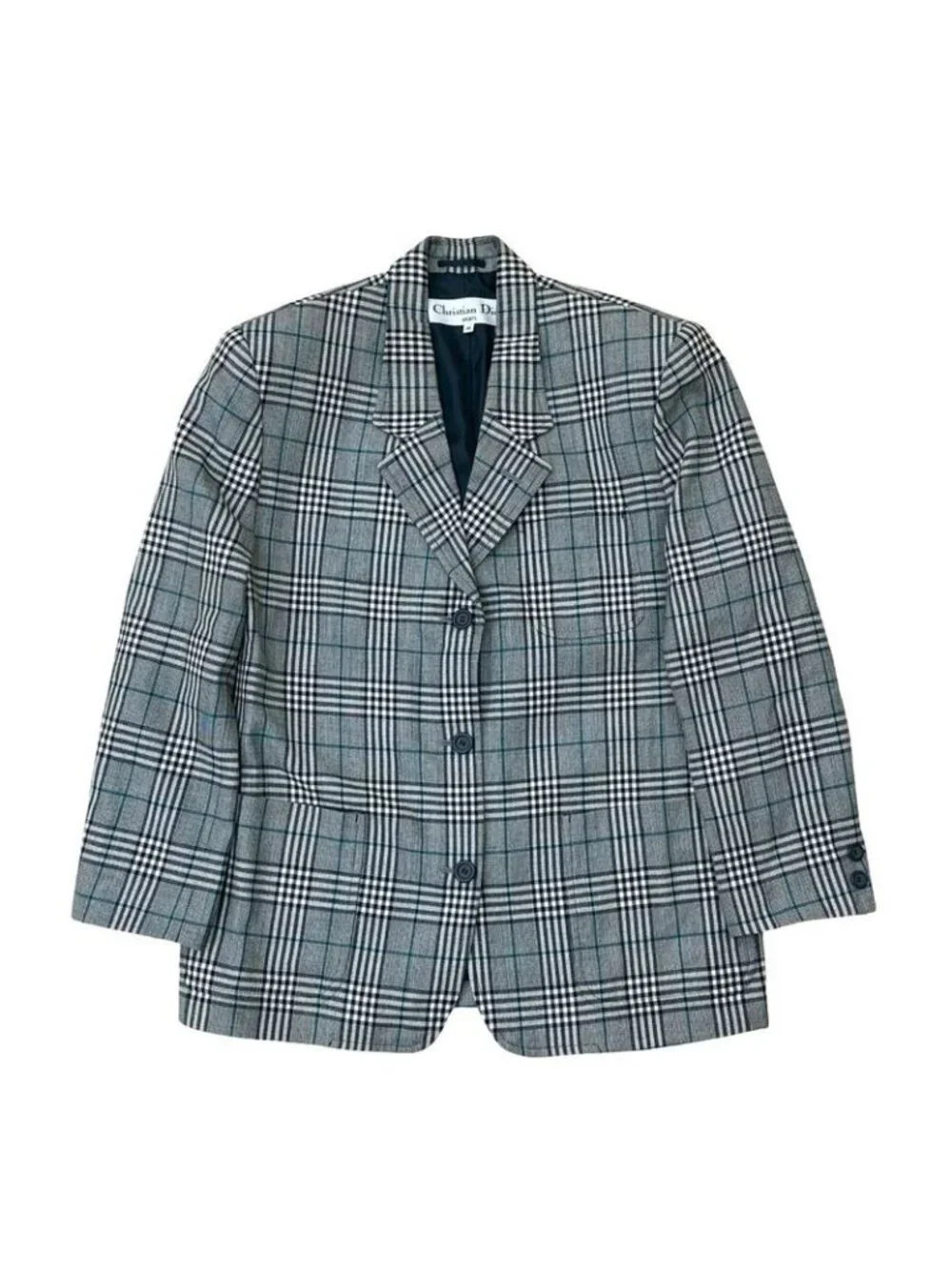 Dior Christian Check Pattern Wool Polyester Tailored Jacket M Black White